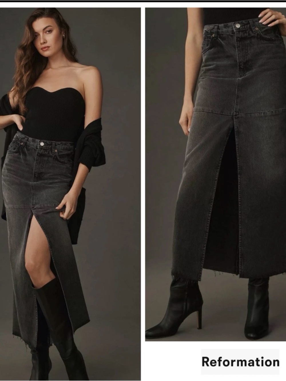 Reformation Tazz Maxi Denim Long Skirt Size 23 Black Wash Front Slit Taw Hem